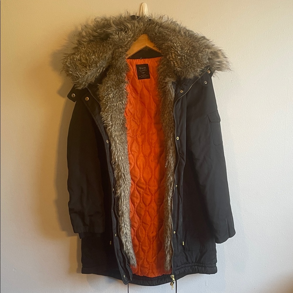 Zara Black Puffer Coat with Faux Fur and Orange Lining